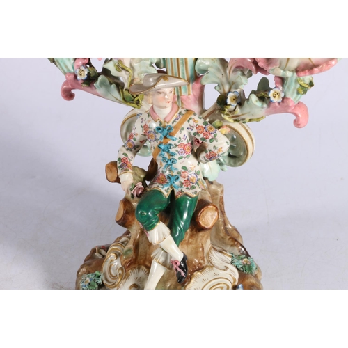 152 - Continental porcelain figural twin branch candelabrum, restored, 27cm.