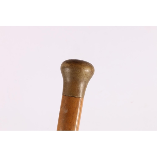 11 - Antique Malacca cane walking stick, the handle and tip probably rhino horn, 89cm long.