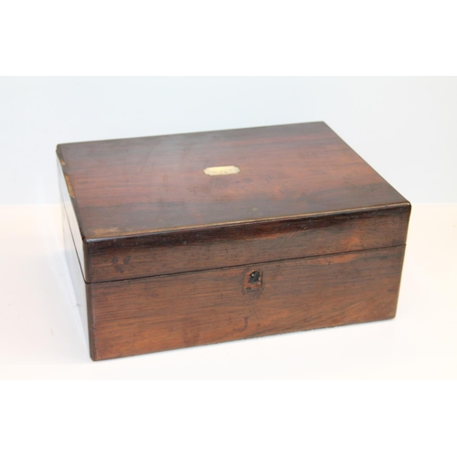 1 - Antique rosewood jewellery box with mother-of-pearl plaque, 30cm long.