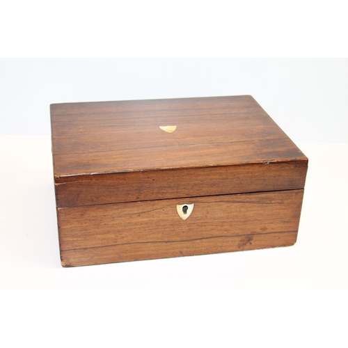 2 - Antique rosewood hinge top jewellery box with mother-of-pearl shield plaque, 27cm long.