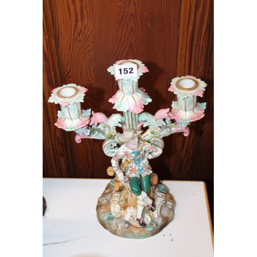 152 - Continental porcelain figural twin branch candelabrum, restored, 27cm.