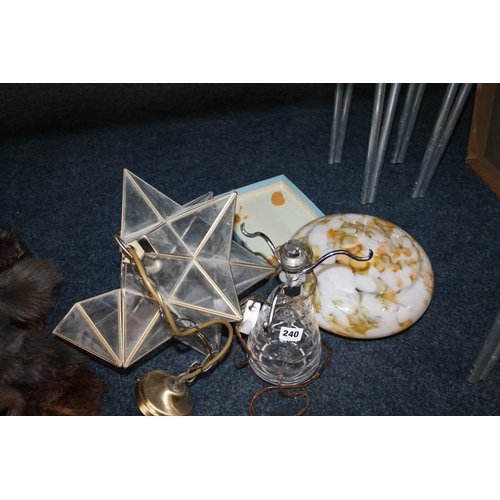 240 - Glass and brass star light fitting and a table lamp.