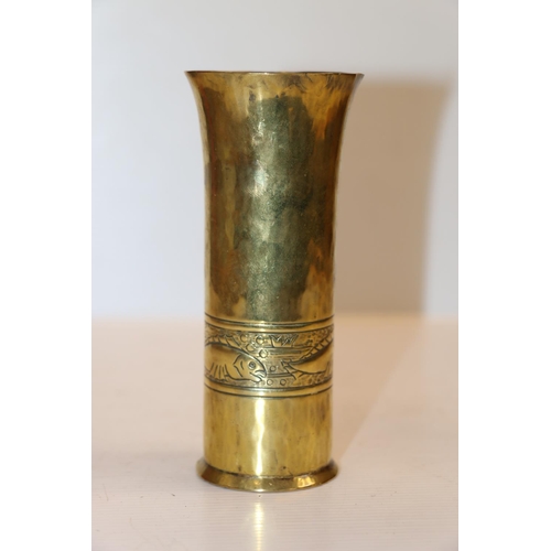 19 - Keswick School of Industrial Art brass vase of trumpet shape with fish decoration, the base stamped ... 