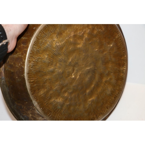 23 - Antique bronze, or brass, shallow bowl, 34cm diameter.