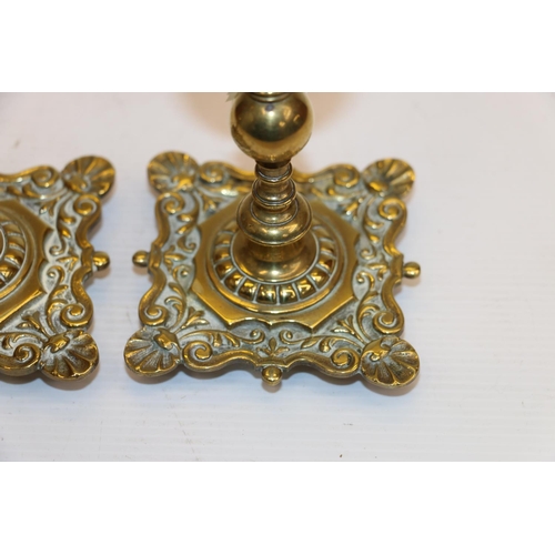 26 - Pair of dwarf brass candlesticks 16cm tall. 