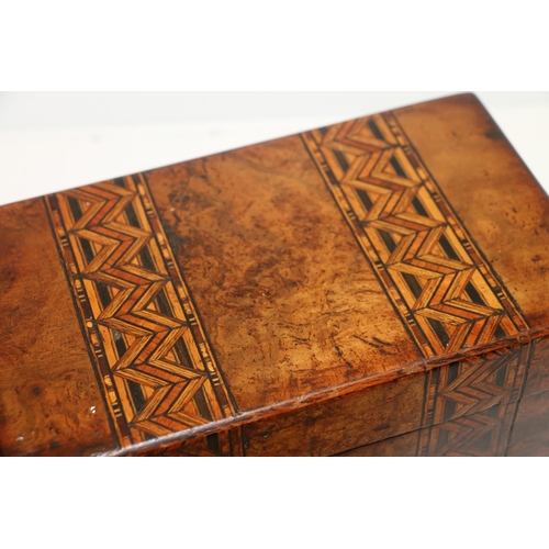 3 - Antique walnut Tunbridge ware style inlaid hinge top box, 20cm long. 