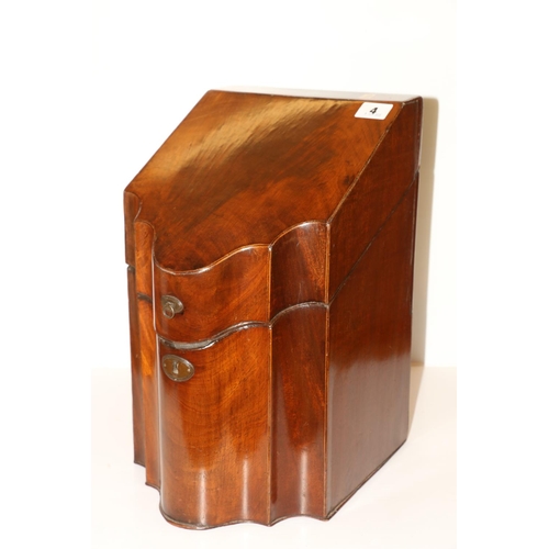 4 - Antique mahogany knife box (no fittings), 37cm tall. 