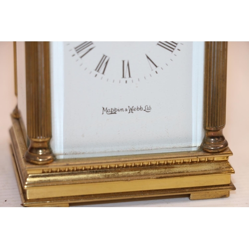 43 - Mappin & Webb Ltd brass carriage clock, 15cm tall.