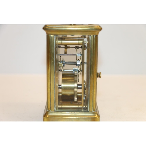 45 - French brass carriage clock, 14cm tall.