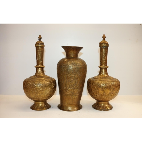 51 - Pair of eastern brass rosewater bottle vases and covers, with all-over relief decoration, also a bal... 