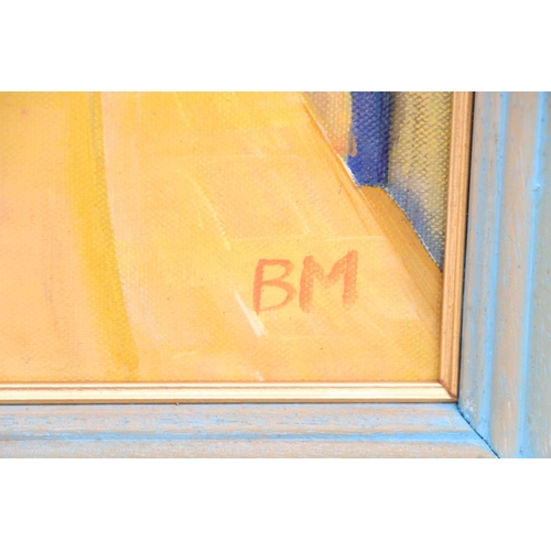 553 - 20TH CENTURY CONTEMPORARY, farmyard with hay bails, oil on canvas, signed with initials 'BM', 38cm x... 