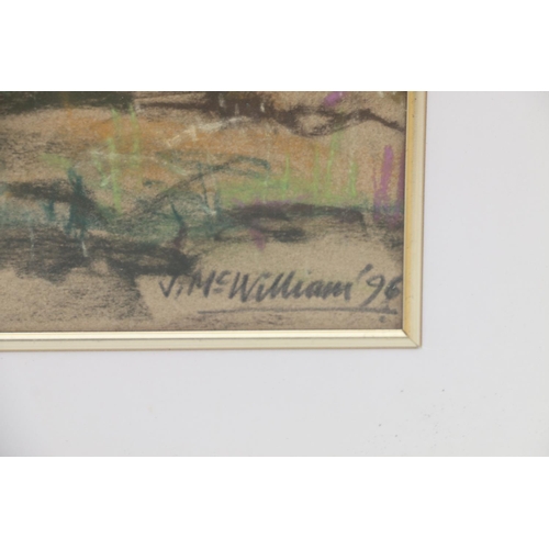 557 - JOHN MCWILLIAM of Edinburgh, tree lined field, pastel drawing, signed and dated '96 lower right, 29c... 