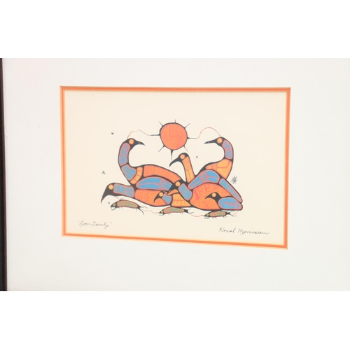 578 - NORVAL MORRISSEAU CM RCA (Canadian 1932-2007), four Woodland Indian Card Series works, prints, 14cm ... 