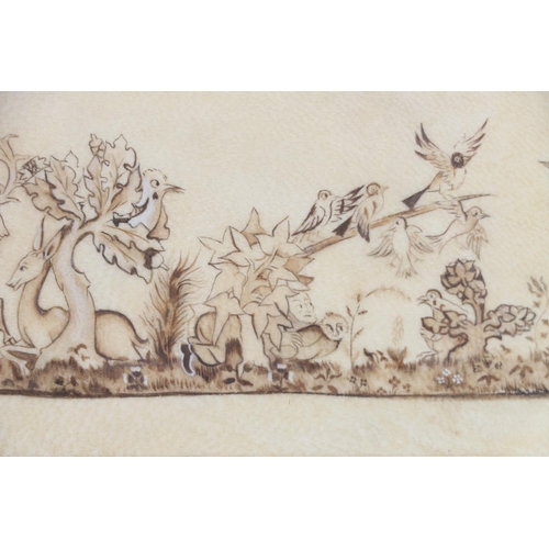 588 - Antique ink drawing of flora and fauna with figure and owl, 8cm x 16cm. 