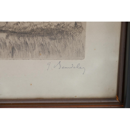 589 - J BENDELEY?, building by a stream, etching, pencil signed limited edition 11/50, 19cm x 25cm and a F... 