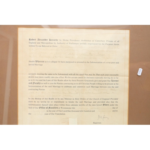 593 - Robert Alexander Kennedy framed marriage scroll dated 1980, frame size 62cm x 67cm.