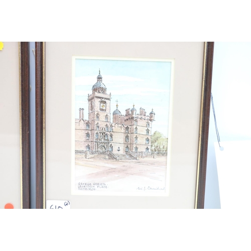 610 - EVI J CARMICHAEL (Edinburgh artist), Castle Brae and George Heriots, two watercolours, both signed, ... 