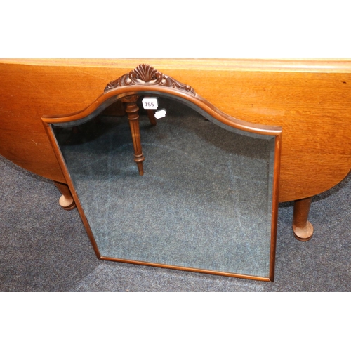 755 - Mahogany framed bevel edge wall mirror with carved surmount, 76cm x 58cm. 