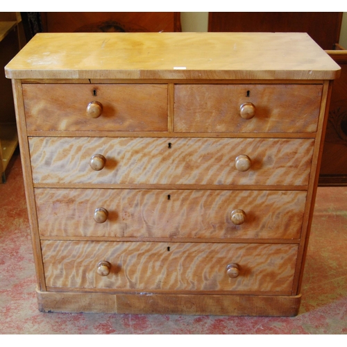 384 - Victorian satinwood chest of two short and three long drawers, with turned handles, 100cm high, 107c... 