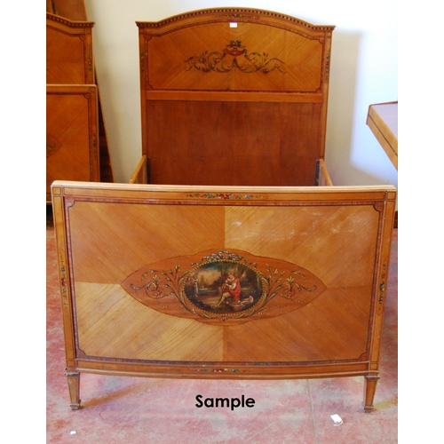 386 - Pair of French Empire-style walnut single beds decorated with painted classical panels of floral scr... 