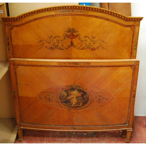 386 - Pair of French Empire-style walnut single beds decorated with painted classical panels of floral scr... 