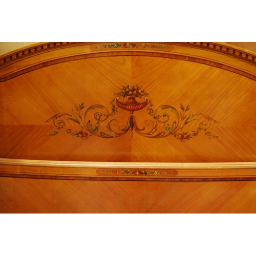 386 - Pair of French Empire-style walnut single beds decorated with painted classical panels of floral scr... 