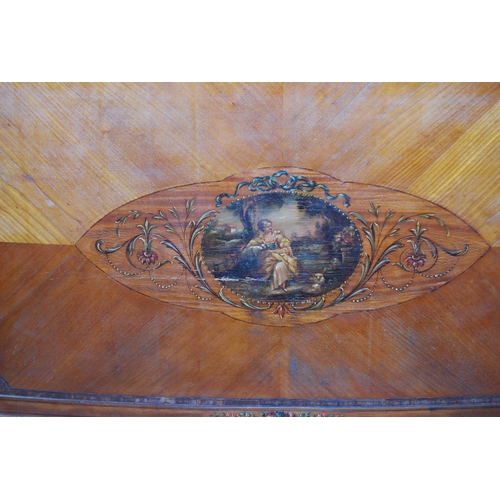 386 - Pair of French Empire-style walnut single beds decorated with painted classical panels of floral scr... 