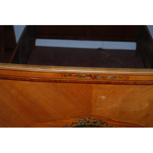 386 - Pair of French Empire-style walnut single beds decorated with painted classical panels of floral scr... 