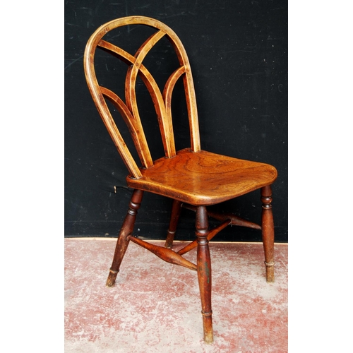 387 - Three late 19th century near-matching Gothic Windsor ash and elm chairs, each with lattice back abov... 