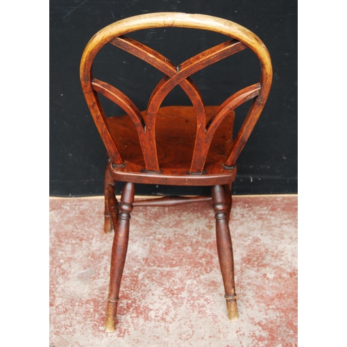 387 - Three late 19th century near-matching Gothic Windsor ash and elm chairs, each with lattice back abov... 