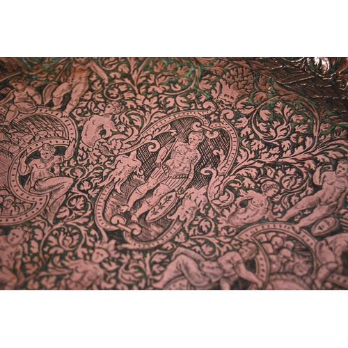 166 - 19th century Italian Renaissance-style copper charger, engraved throughout with Papal arms and battl... 