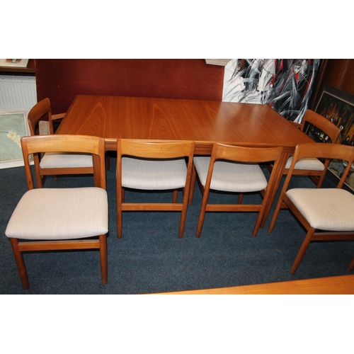 758 - Mid Century teak dining room table and six (4+2) chairs, 175cm x 94cm.