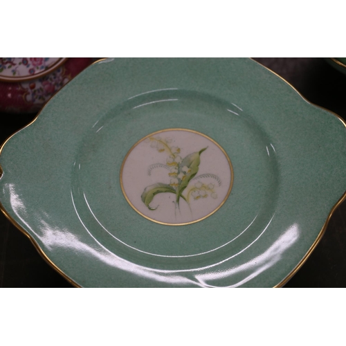 215 - Paragon fine china green ground floral decorated teaset.