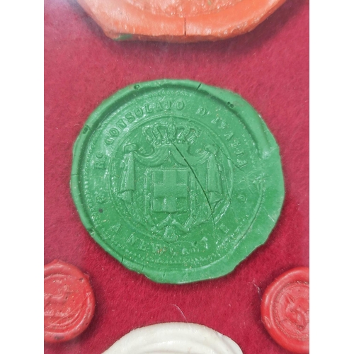 193 - Fifteen framed 18th & 19th century wax postage seals to include a city seal (possibly Prussian) ... 