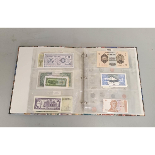 139 - Banknotes. Folder containing a quantity of pristine world banknotes and coins to include a 1955 Mong... 