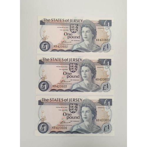 136 - Banknotes Jersey. Elizabeth II three Pristine 1976 £1 banknotes with serial numbers in consecutive o... 