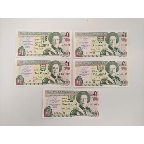 137 - Banknotes Jersey. Elizabeth II five Pristine £1 banknotes dated 9th May 1995 commemorating the 50th ... 