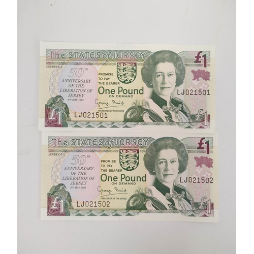 137 - Banknotes Jersey. Elizabeth II five Pristine £1 banknotes dated 9th May 1995 commemorating the 50th ... 