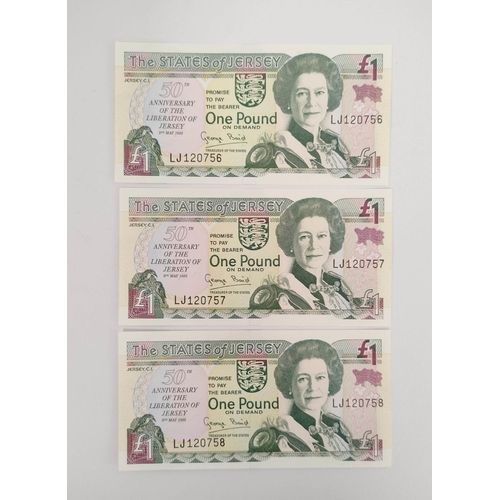 137 - Banknotes Jersey. Elizabeth II five Pristine £1 banknotes dated 9th May 1995 commemorating the 50th ... 