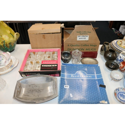 311 - Glassware, a swing-handled basket, a Royal Doulton boxed dish, etc.