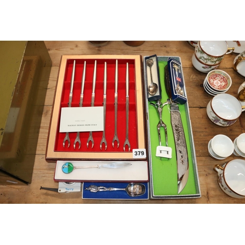 379 - Italian fondue forks, souvenir spoons, bowling paperknife, etc.