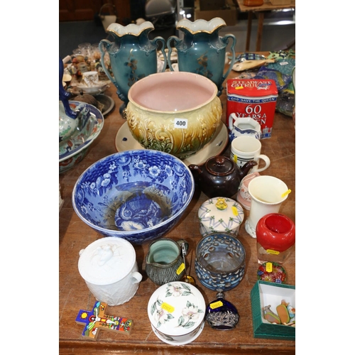 400 - Ceramics to include a jardiniere, a blue and white bowl, a crucifix, etc.