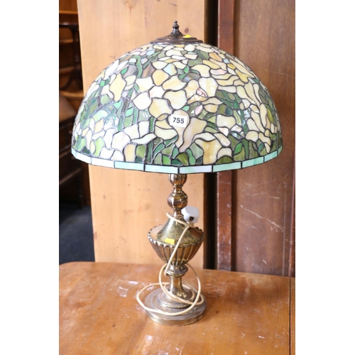 755 - Brass table lamp with Tiffany style leaded glass shade.