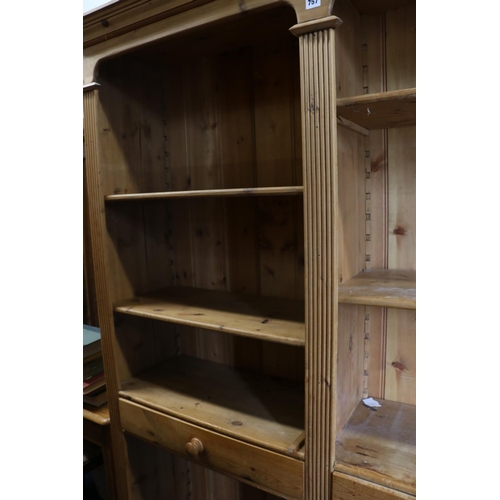 757 - Pine open-fronted bookcase, with two drawers, reeded panel front.