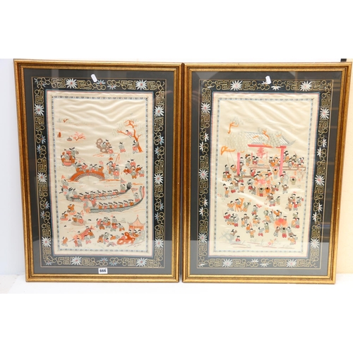 666 - CHINESE SCHOOL, a pair of Chinese scenes with figures, sewn work silk panels, frame size 76cm x 54cm... 