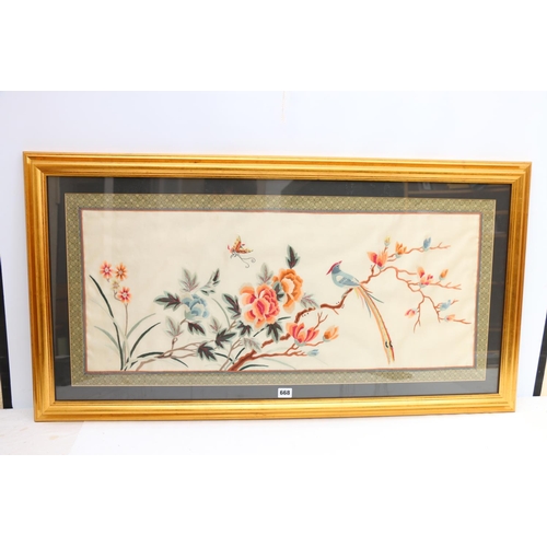 668 - CHINESE SCHOOL, flowering branches with bird and butterfly, sewn work silk panel, frame size 58cm x ... 