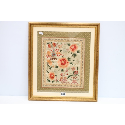 669 - CHINESE SCHOOL, Chinese symbols, sewn work silk panel, frame size 48cm x 43cm.