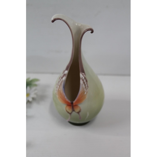 3 - Franz butterfly vase, signed Peter C, 17cm, and a Franz Ladybird and Daisy dish.  (2)