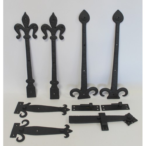 244 - Three pairs of black painted metal Gothic style hinge fronts, 46cm, 45cm and 27cm long; a pair of ga... 