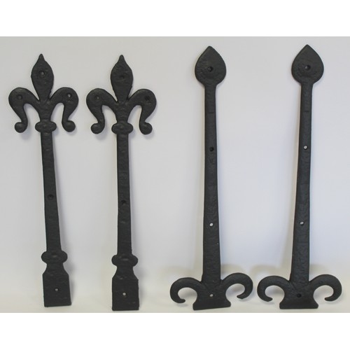 244 - Three pairs of black painted metal Gothic style hinge fronts, 46cm, 45cm and 27cm long; a pair of ga... 